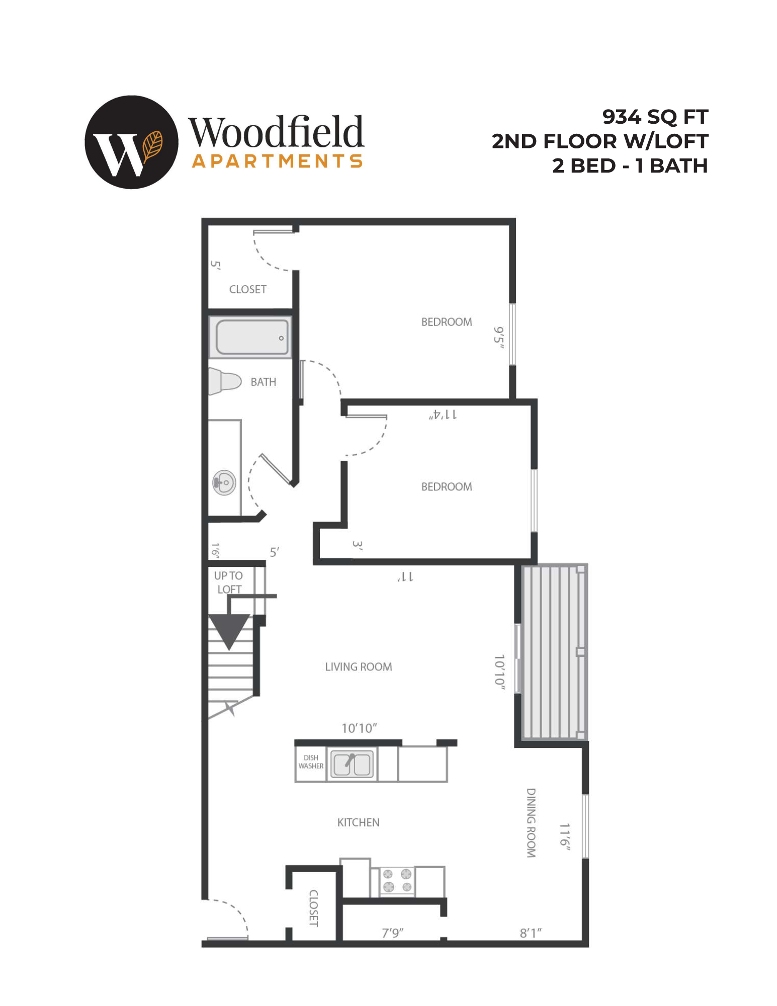 Floor plan for 2 beds, 1 bath, 934 sqft